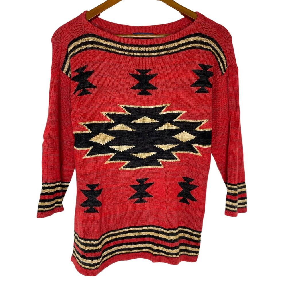 Aztec Western Chaps Red Linen Half Sleeve Knit Sweater Size XS Women’s